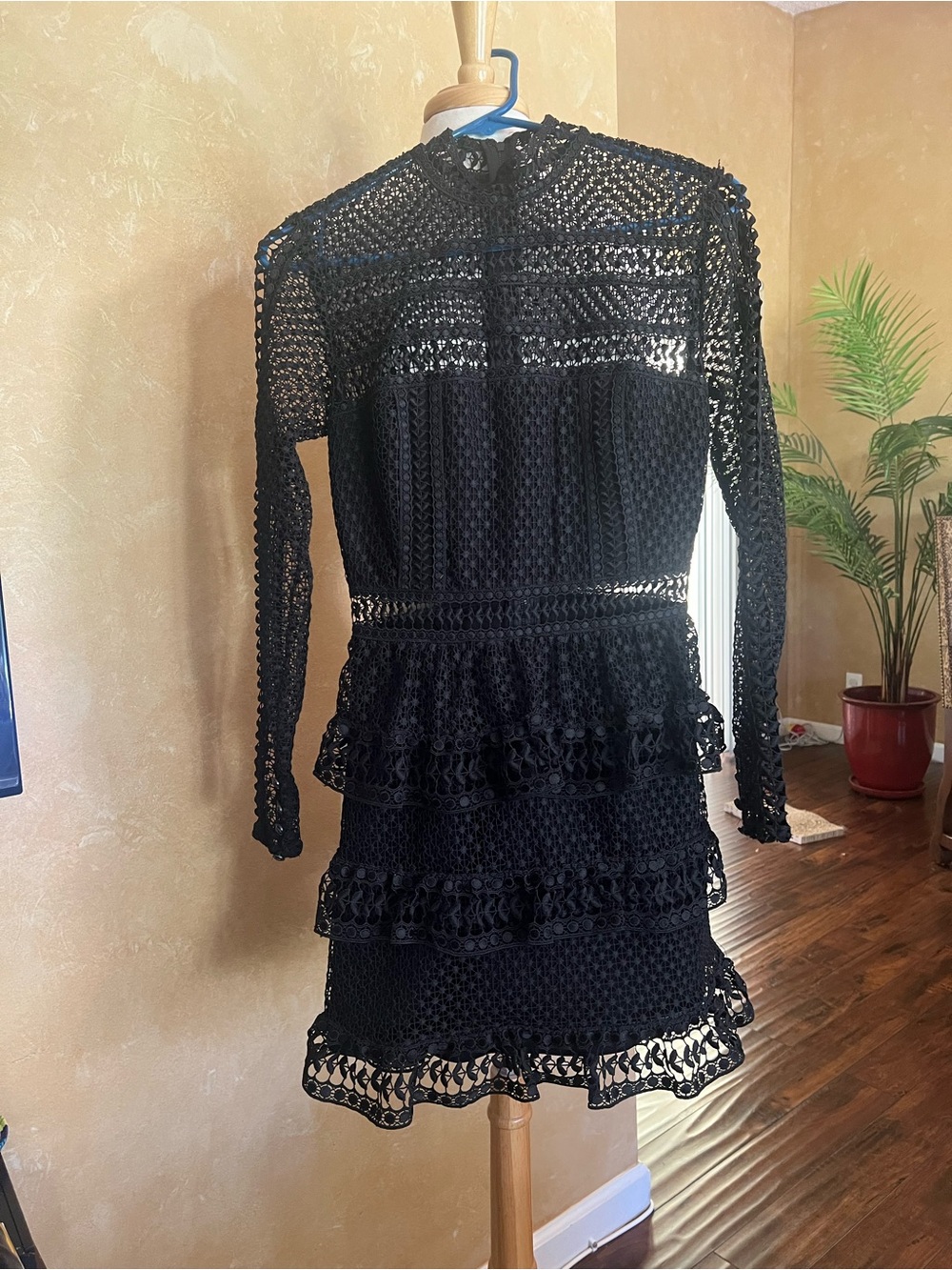 Self-Portrait Black Crochet Long-Sleeve Tiered Mini Dress